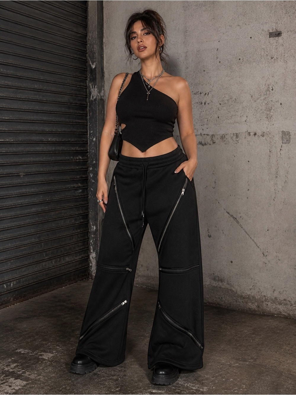 Black Zip-Accent Wide Leg Sweatpants